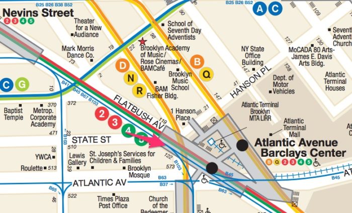The Borough President proposes a new subway entrance (see red arrow) from 80 Flatbush to the 2/3 Brooklyn-bound track at the Atlantic Ave.-Barclays subway (Image adapted from MTA neighborhood map)