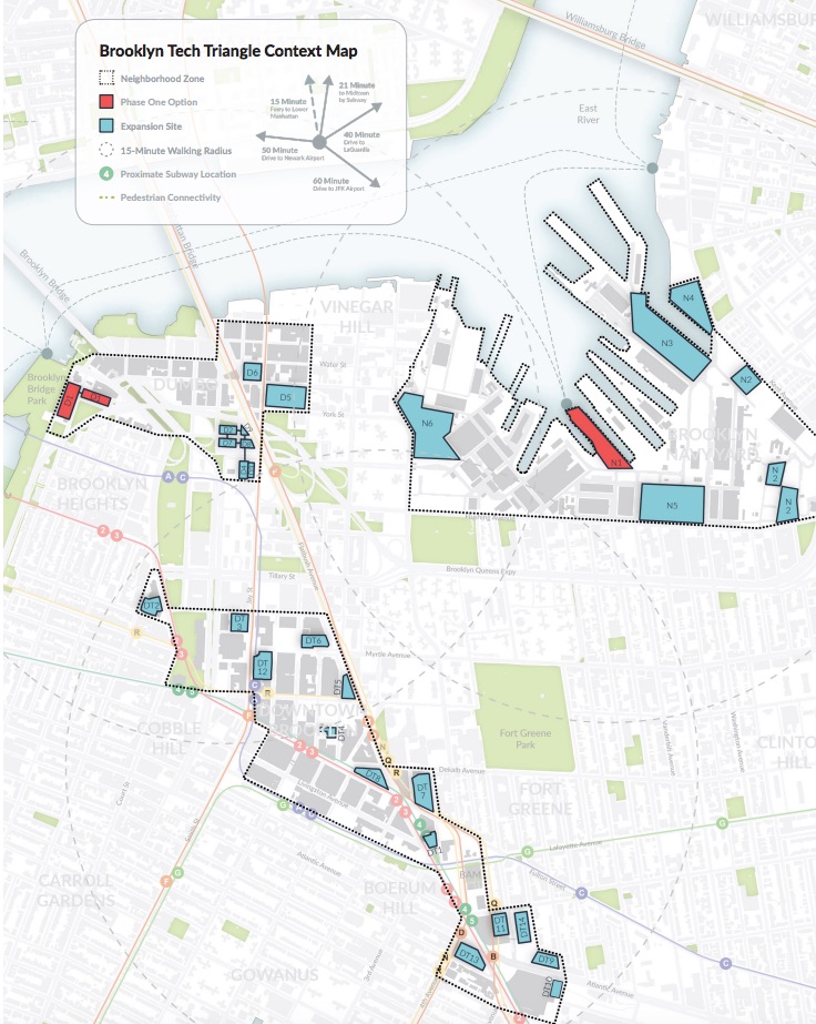 The city/state bid included a map showing sites available in the Brooklyn Tech Triangle, including Downtown, Dumbo, and the Brooklyn Navy Yard, with the Phase 1 buildings in red (Map courtesy of the NYC EDC)