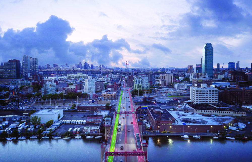 A rendering of proposed BQX lines crossing between the boroughs on the Pulaski Bridge over Newtown Creek (Image courtesy of Friends of the Brooklyn Queens Connector)