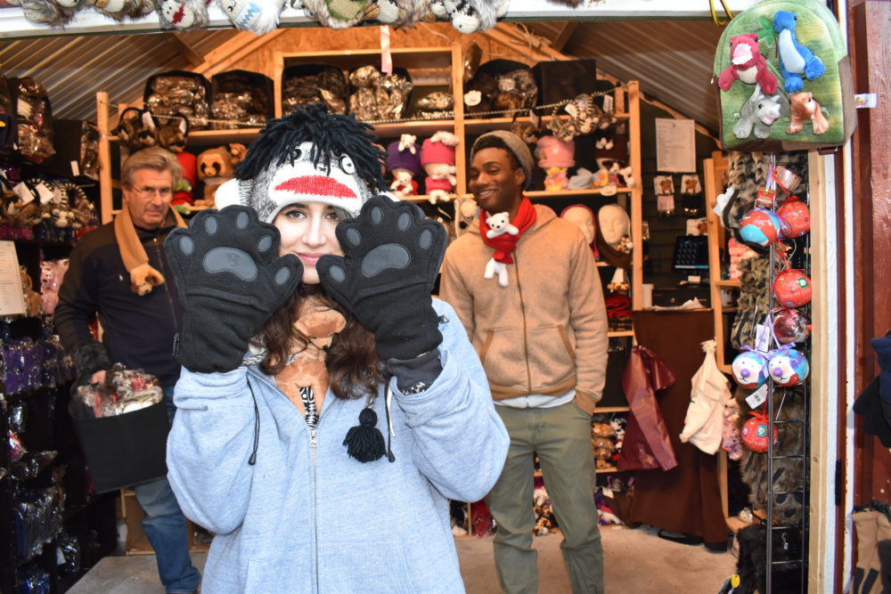 Salespeople at the chalet for BearHands & Buddies, a maker of mittens, scarves and accessories (Photo by Steve Koepp)