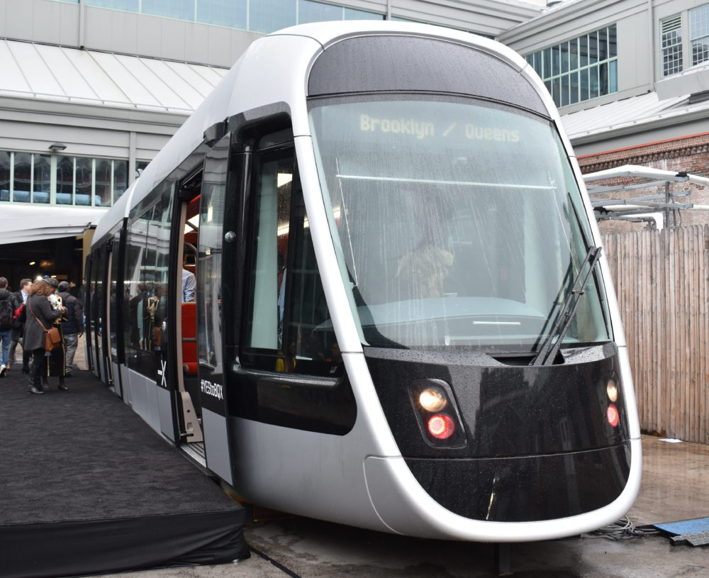 A mockup of the proposed streetcar on display a year ago in the Brooklyn Navy Yard (Photo by Steve Koepp)