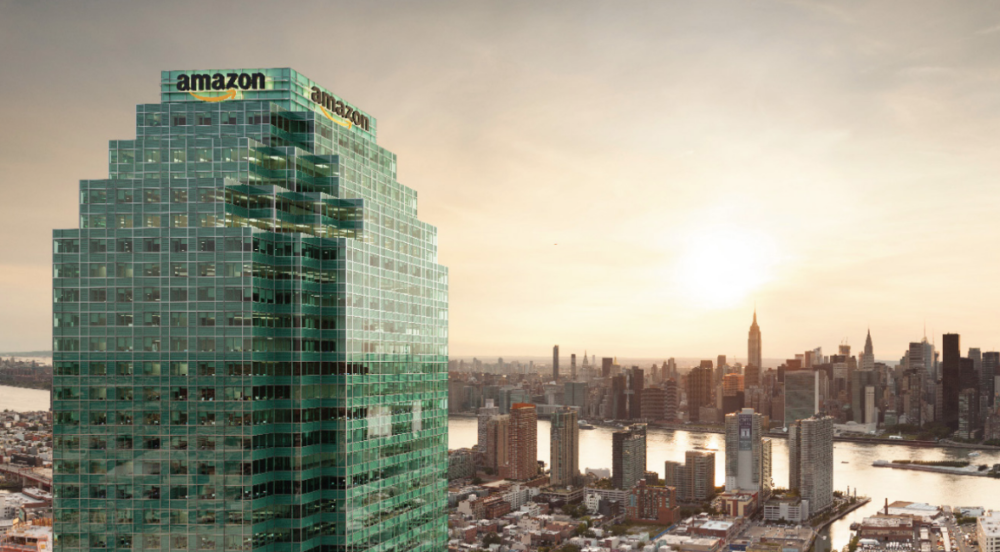 The city, which pitched four sites in Manhattan, Brooklyn and Queens, included this rendering of Amazon’s logo atop One Court Square in Long Island City (Rendering courtesy of the NYC EDC)